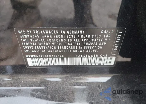 2019 Volkswagen Golf R 2.0T W/Dcc Navigation z USA, uszkodzony, nr VIN WVWWA7AU5KW198138